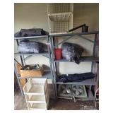 2 metal shelves, tarps, tops fan, camping chairs,