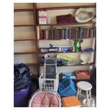 Contents of shelf aquarium and parts, books,