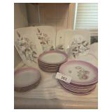 Corning 14 plates, small plates, misc dishes pink