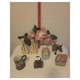 Floral arrangement, misc figurines