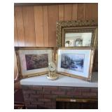2 gold framed pictures, anniversary clock