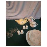 Yellow Hall china tea pot, salt/pepper, odd