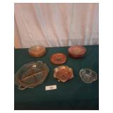 Marigold carnival glass, pink depression