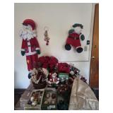 Christmas decorations, large cloth Santa, tree