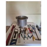 Big pot, assortment of tools