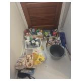Misc cleaning supplies, art paint, tea towels