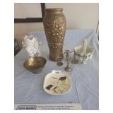 Goofus glass vase, mini brass balance scale,