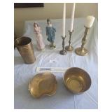Pink and blue boy figurines, candlesticks, brass