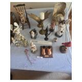 Brass bowl, candlestick, misc figurines, wood
