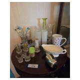 Hat pin holder, 4 frosted vases, toothpick