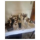 Assortment of glass and brass items, frame, bank
