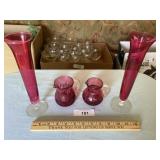 Small cranberry pitchers & 2 floral vases