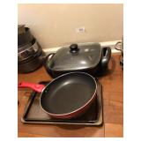 Electric skillet(scratched), baking pans &