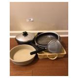 Miscellaneous bowls, pot, and strainer