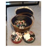 Wooden Sewing Basket and Notions Tin Lot