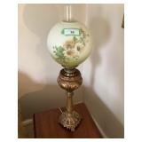 Brass table lamp 33' tall w/floral globe