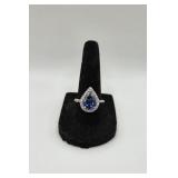 Sterling 925 Ring w Pear Shaped Blue Stone w Halo