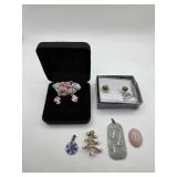 Porcelain Pin and Earrings, Vtg Pin, Hematite