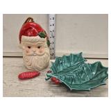 Vtg Holly Leaf Dish and Ceramic Santa Bell