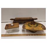 Vtg Rolling Pin with Holder, Salt Box and Painted