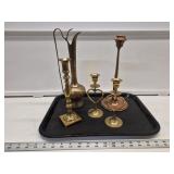 Brass and Copper Pitcher and Candle Holders