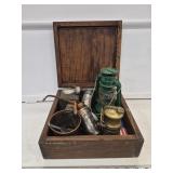 Old Wooden Box w Contents- Including Lanterns and