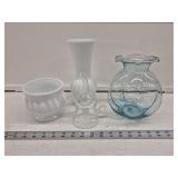 Milk Glass Vases, Aqua Blue Vase w Ruffled Edge,