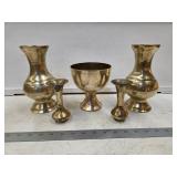 (2) Etched Brass Vases, Pedestal Bowl, (2) Small