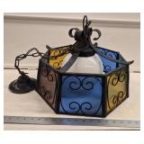 MCM Wroght Iron and Colored Glass Light Fixture-