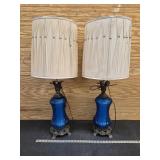 (2) MCM Blue Glass and Brass Lamps w Shades