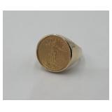 14KT Gold Mens American Eagle Coin Ring- 1/4 Oz