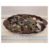 Large Qty Unsorted Jewelry In Wooden Bowl