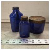 (3) Cobalt Jars- Two w Metal Lids