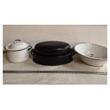 (3) Enamel Pots, Roasters, Bowl- Roaster Marked