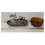 Vintage Lot- Amber Bowl, Metal Tray, Etched Deer