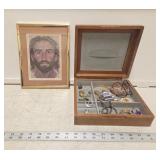 Vtg Wooden Jewelry Box with Contents and Frame