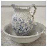 Antique Pitcher & Basin w Blue Flowers- Handle