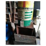 3 wooden boxes, 2 metal pails