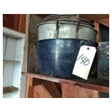 enamel blue pot, tool box, misc