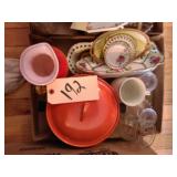 glass candle holders, relish boats, misc