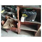 2 wood benches, shelf, boy scouts backpack