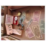 foreign money, turquoise jewelry