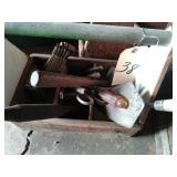 carpenter box, rulers, drill bits, trowels