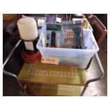 lamp, metal cart, tote w/crimpers, misc