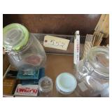 wooden folding tape measure, jars