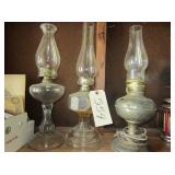 1 brass elec. lamp, 2 glass kerosene lamps