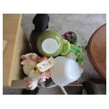Green Pyrex bowl, white glass bowl, dolls