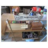 4 shelf unit w/wood jewelry boxes, gloves, misc