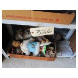 4 shelf metal, misc statues