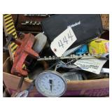Vintage hand grinder, thermometers, misc